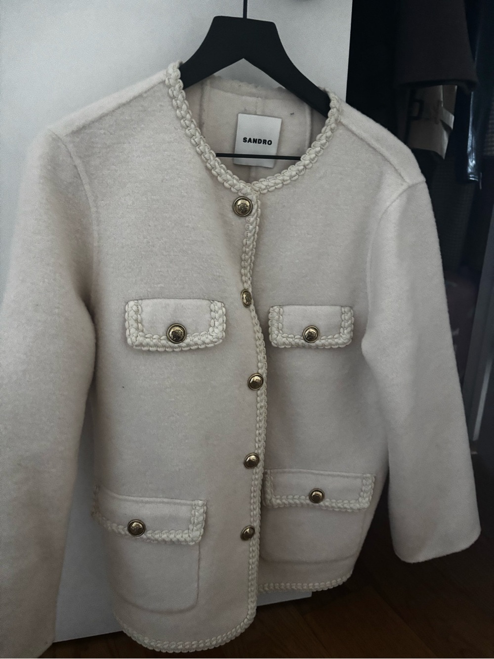 Sandro Cream Boxy Tweed Trim Jacket with Gold-Tone Buttons - Picture 2 of 4